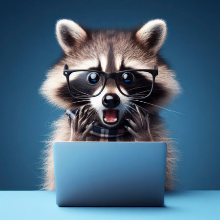 A raccoon with glasses and a surprised look on her face is looking at a laptop on solid color background. ai generative.の素材