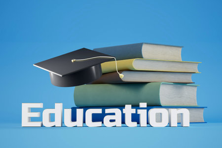 concept of obtaining higher education. stack of books and graduate cap on a blue background. 3d render. illustration.の写真素材