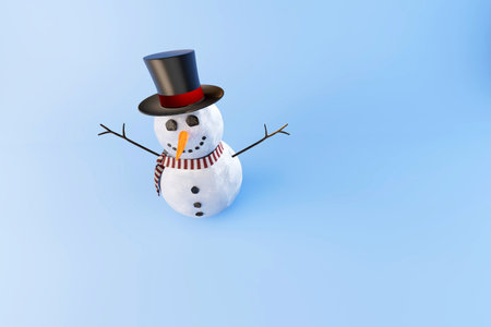 smiling snowman in hat and scarf on blue background. 3d render. illustration.の写真素材