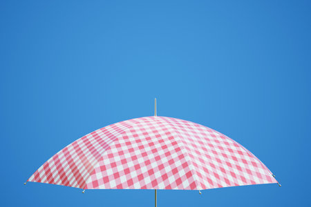 red and white checkered umbrella on a blue background. 3d render. illustration.の写真素材