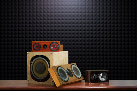 old music speakers on a wooden table on a dark background. 3d render. illustration.の写真素材