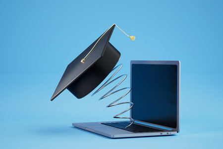 remote higher education. graduate cap on a spring and laptop on a blue background. 3d render. illustration.の写真素材