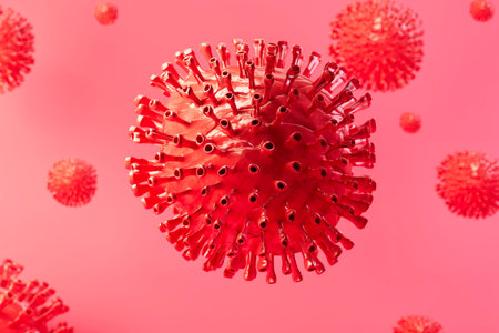 red virus cells on red background. 3d render. illustration.の写真素材