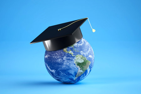 concept of obtaining higher international education. globe in graduation cap on blue background. 3d render. illustration.の写真素材