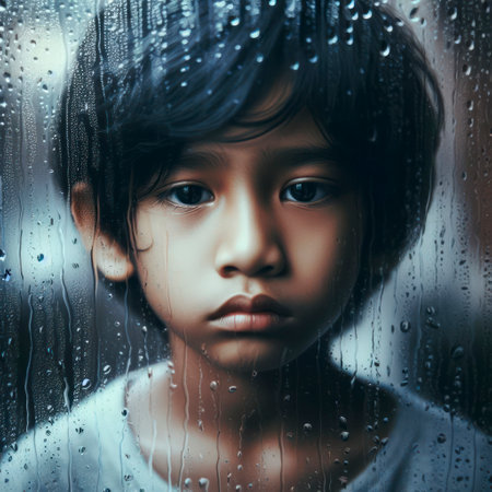 portrait sad kid boy through glass with raindrops. ai generative.の素材