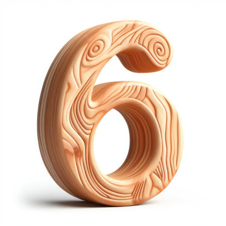 number 6 in a shape wood isolated on solid white background. ai generative.の素材
