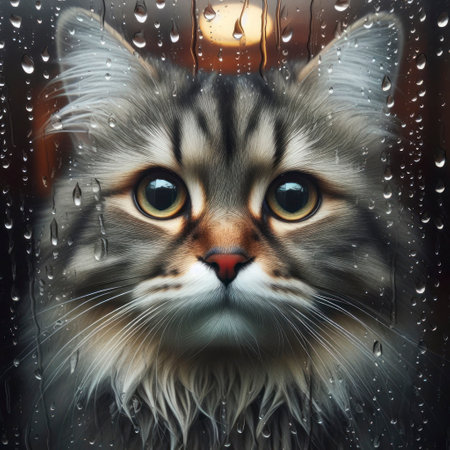portrait sad wet cat through glass with raindrops. ai generative.の素材