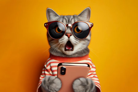 Shocked cat in sunglasses holding smartphone isolated on solid bright color background. ai generative.の素材