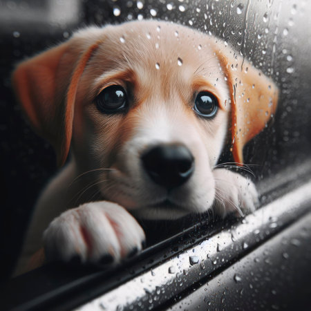 portrait sad wet puppy through glass with raindrops. ai generative.の素材