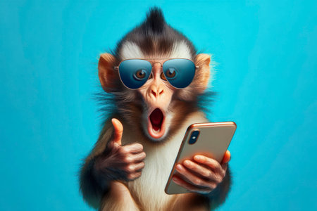 Shocked monkey in sunglasses holding smartphone on solid bright color background. ai generative.の素材