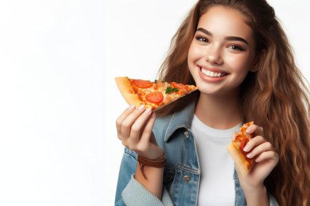 Happy teenager enjoys eating delicious slice of pizza isolated on solid white background. ai generative.の素材