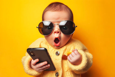 Shocked newborn baby in sunglasses holding smartphone on solid bright yellow background. ai generative.の素材