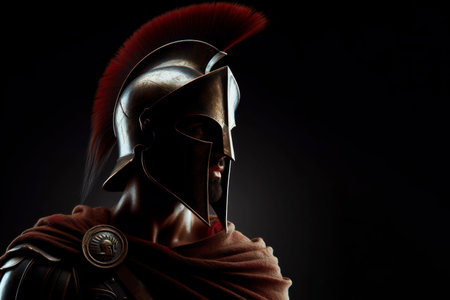 Spartan warrior on it isolated on solid black background. ai generative.の素材