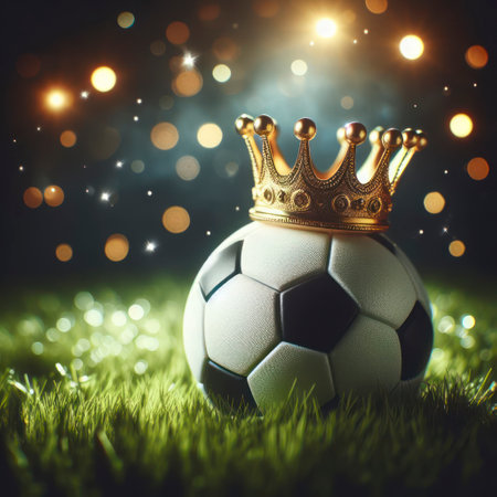 football ball with gold crown on it on grass. ai generative.の素材