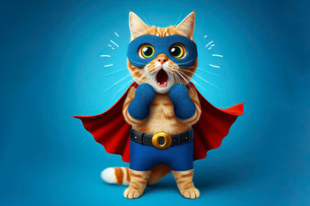 full body cat surprised face with bulging big eyes in mask and hero cape over blue bright background. ai generative.の素材