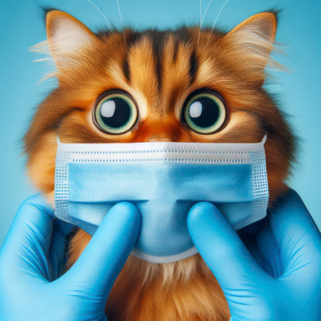 Portrait cat surprised face with bulging big eyes in medicine mask over blue bright background. ai generative.の素材