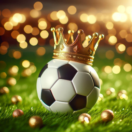 football ball with gold crown on it on grass. ai generative.の素材