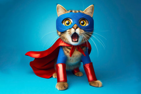 full body cat surprised face with bulging big eyes in mask and hero cape over blue bright background. ai generative.の素材