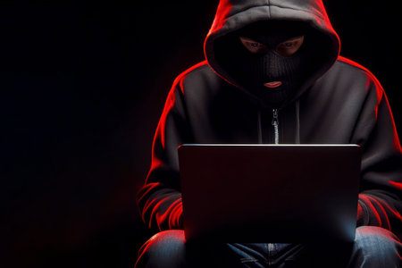 A man in a robber mask sits with a laptop isolated on a black background. ai generative.の素材