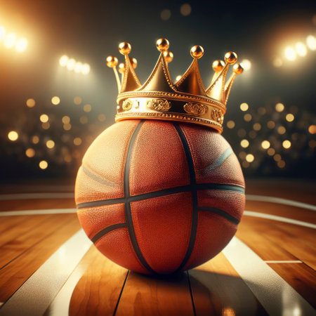 basketball ball with gold crown on basketball court. ai generative.の素材