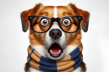 Shocked cute dog in glasses with surprised eyes on white background. ai generative.の素材