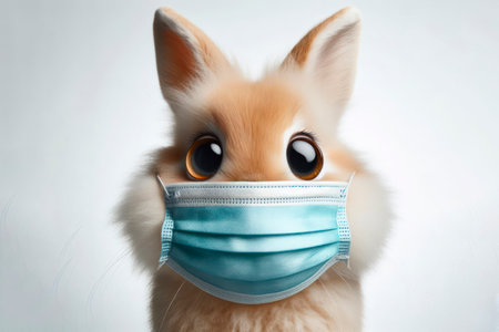bunny surprised face with bulging big eyes in medicine mask over white background. ai generative.の素材