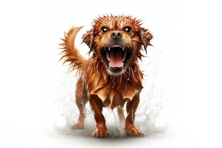 full body funny angry wet dog with open mouth emotion on white background with water splash. ai generative.の素材