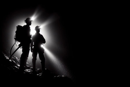 Silhouette of Miners with headlamps underground mine solid black background. ai generative.の素材