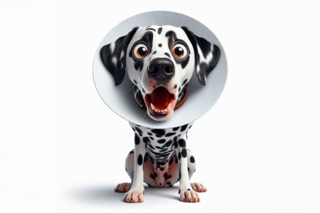 surprised Dalmatian dog with bulging big eyes a dog in veterinary protective collar on white background. ai generative.の素材
