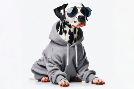 Dalmatian dog dressed in a sweatshirt and sunglasses, isolated on white background. ai generative.の素材