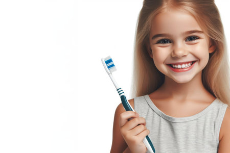 Smiling child girl holding a toothbrush isolated on solid white background. ai generative.の素材