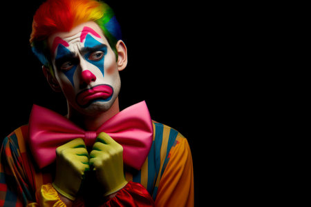 Portrait of a sad colorful clown isolated on solid black background. ai generative.の素材