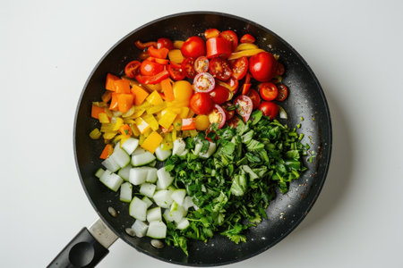 A pan with sauteed ingredients against plain background.の素材