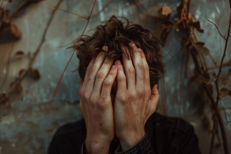 a person with hands over their face.の素材