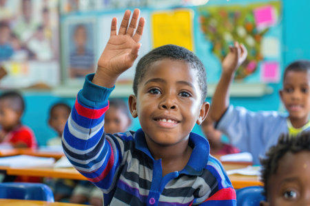 A schoolboy is raising his hand in a school classroom.の素材