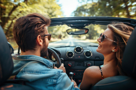 A man driving a car with his girlfriend and having fun.の素材