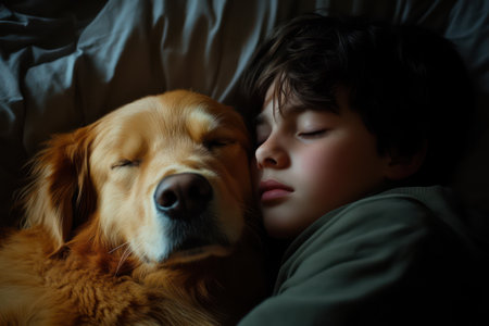 A young boy cuddling with a golden retriever while napping at home, capturing warmth, trust, and human-animal friendship.の素材