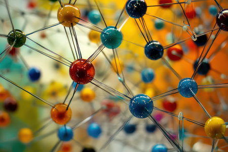 Vivid close-up of abstract molecular structures showing atom connections, scientific beauty, and the complexity of molecular science.の素材