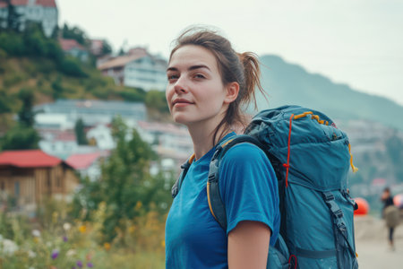Smiling woman in blue t-shirt and backpack wandering around famous travel destination during vacation trip.の素材