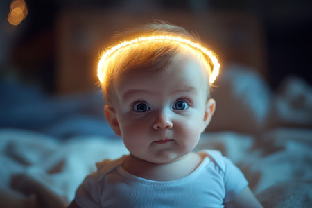 Adorable baby with cheeky expression and shining halo, suggesting innocence mixed with playful mischief and charm.の素材