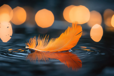Soft orange feather floats on water surface, surrounded by gentle ripples and dreamy blurred background lights.の素材