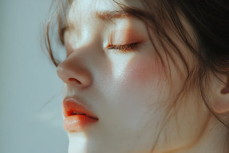 Close-up of a young woman with a tear on her cheek, expressing sadness, depression, and emotional pain.の素材