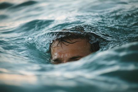 Side view close-up of man surfing and swimming in sea water, capturing motion, skill, and ocean adventure.の素材