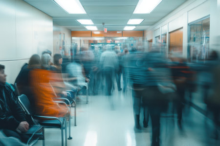Crowded and fast-paced hospital corridor captured with time-lapse motion blur, symbolizing urgency and healthcare pressure.の素材