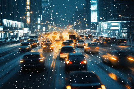 A close-up urban view of a traffic jam at night in snowy weather during rush hour.の素材