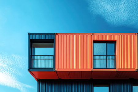 Closeup of a prefabricated container house against blue sky.の素材