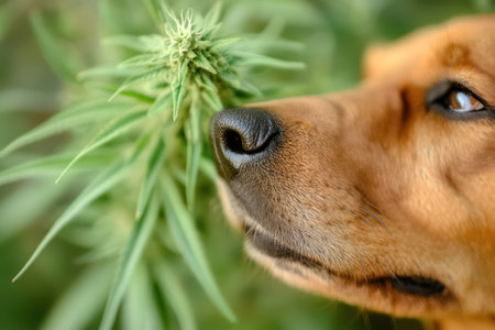 A close-up of a dog nose exploring and sniffing blooming cannabis plants, suggesting curiosity and natural scent behavior.の素材