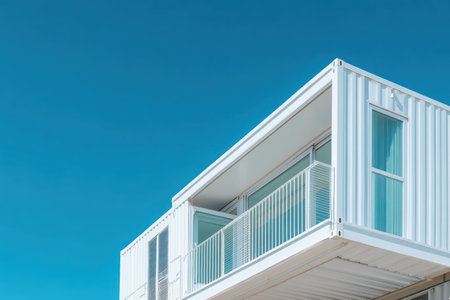 Closeup of a prefabricated container house against blue sky.の素材