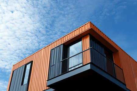 Closeup of a prefabricated container house against blue sky.の素材
