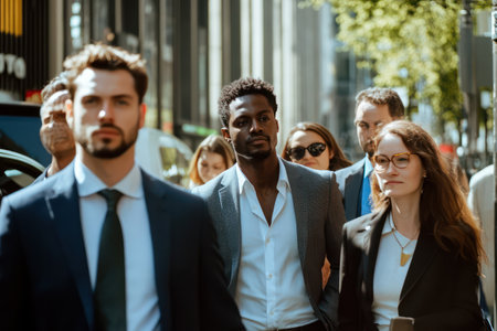 Crowd of professionals walking down city street, symbolizing modern work life, daily commute, and corporate movement in urban space.の素材